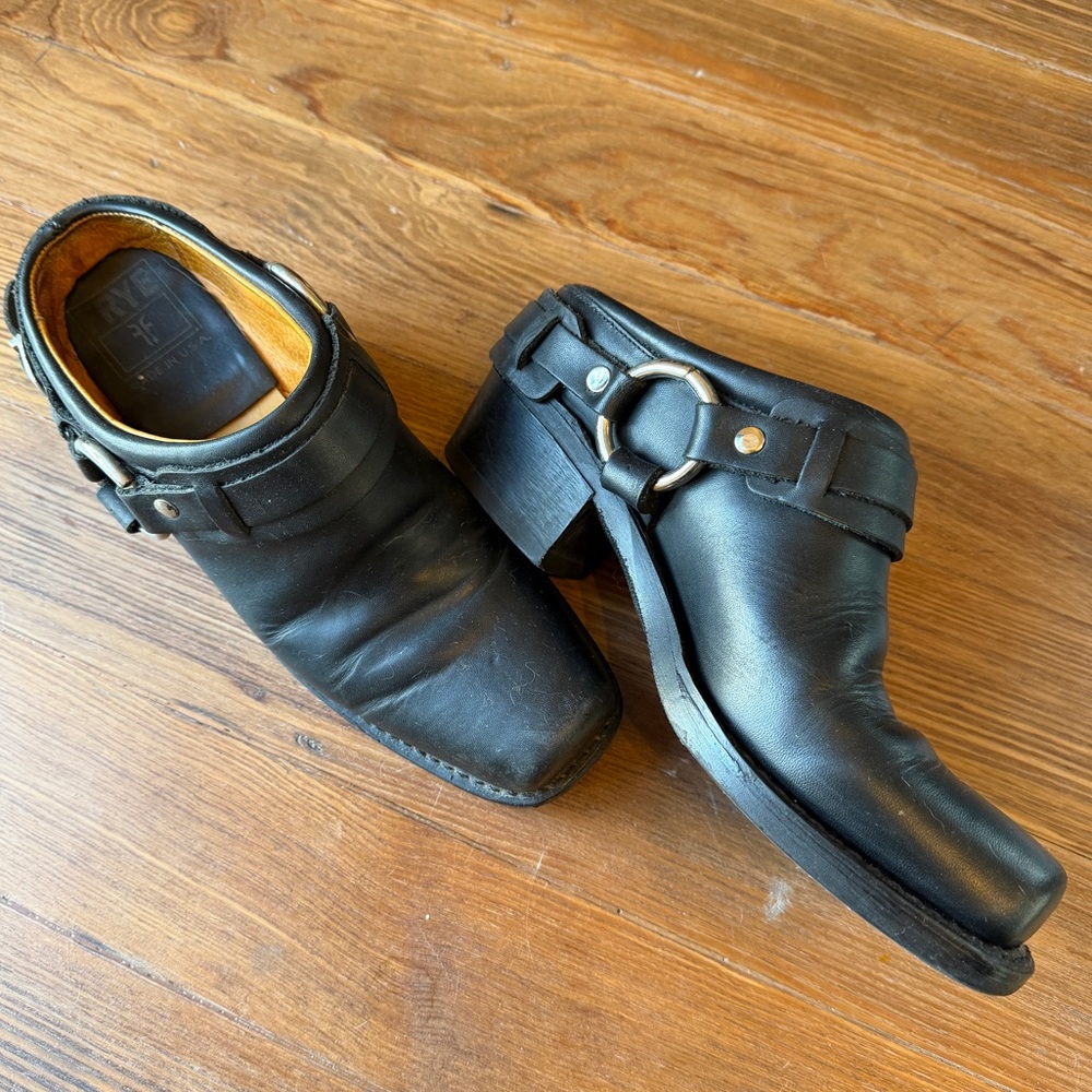 Frye Black Leather Harness Mules with Silver Buckle USA